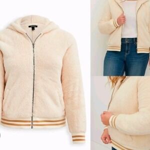 Torrid Varsity Faux Fur Hooded Bomber Jacket Cream Sherpa Zip Up RN148862 Size 1
